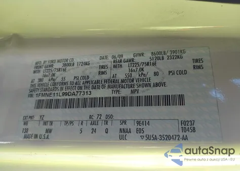 2009 Ford E-150 Xl/Xlt z USA, uszkodzony, nr VIN 1FMNE11L99DA77313